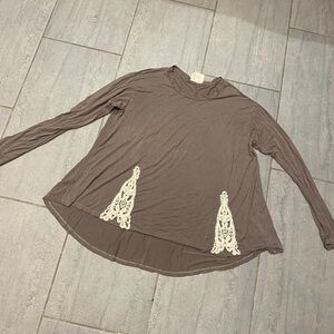 PPLA Gray Cream Crochet Tunic Poncho Scoop Neck Flowy Oversized Top Size Small